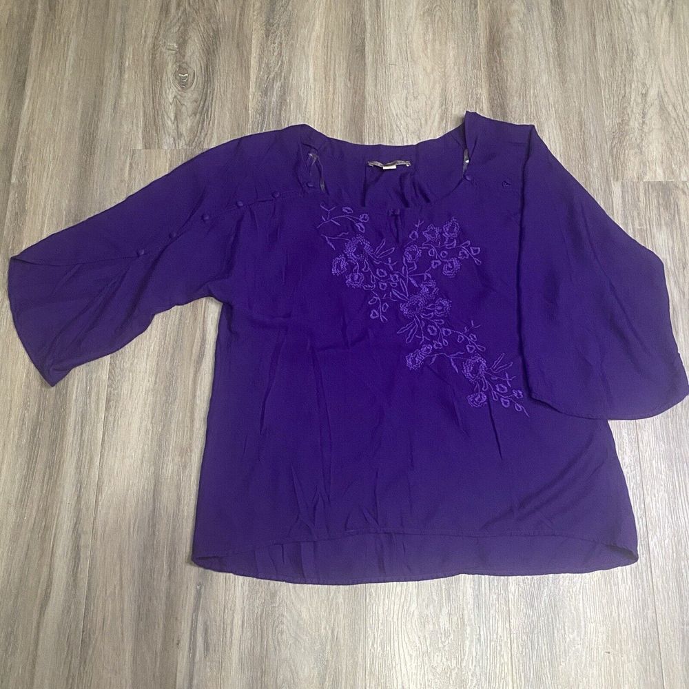 Nine West Vintage America Purple‎ Embroidered Floral Button Sleeve Blouse Size S